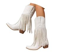 Women's Fringe Cowboy Boots - Western Mid Calf Boots with Pointed Toe, Block Heel, Faux Leather Vintage Boho Fringed Cowgirl Boots for Women Party, Festival & Daily Wear UK