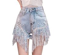 Womens Fringe Denim Shorts Diamond Hotpants Shorts Women Jeans Sparkly Sequin Short High Waist Tassel Short Sexy Pearl Jorts Hippie Cowgirl Jorts Party Dance Trunks Elegant Highstreet Jort