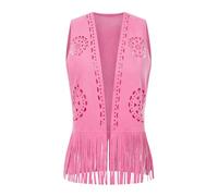 Women's Fringe Faux Suede Vest Casual Open Front Sleeveless Tassel Hippie Jacket (Be Fuchsia, XL)