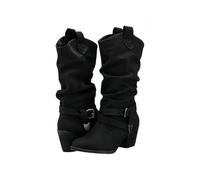 Women's Fringe Knee High Boots Suede Round Toe Flat Cowgirl Booties with Buckle Vintage Mid Calf Moccasin Boots Boho Fringe Tassel Low Heel Western Cowboy Booties