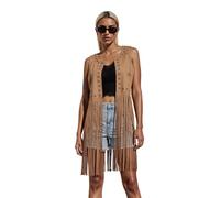 Women's Fringe Long Jacket Bohemian Style Faux Suede Sleeveless Open Front Tassel Vest 70s Hippie Costume (A-Brown, L)