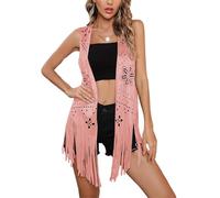 Women's Fringe Long Jacket Vintage Faux Suede Sleeveless Open Front Tassel Waistcoat 70s Hippie Costume (B-Pink, M)