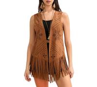 Women's Fringe Long Jacket Vintage Faux Suede Sleeveless Open Front Tassel Waistcoat 70s Hippie Costume (B-Brown, S)
