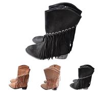 Women's Fringe Mid Wide Calf Cowgirl Cowboy Boots Retro Suede with Side Zipper Tassel Comfort Western Cowgirl Boots Casual Pointed Toe Chunky High Heel Shoes Pull-On Footwear Size 4 Black
