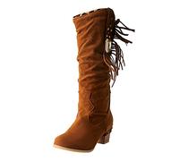 Womens Fringe Mid Wide Calf Cowgirl Cowboy Boots Y2K Fashionable Rhinestone Tassel Western Retro Booties Low Heel Wedge Round Toe Suede Boot for Cosplay Themed Party or Daily Brown