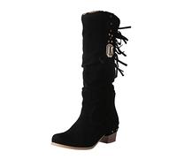 Womens Fringe Mid Wide Calf Cowgirl Cowboy Boots Y2K Fashionable Rhinestone Tassel Western Retro Booties Low Heel Wedge Round Toe Suede Boot for Cosplay Themed Party or Daily Black