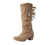 Womens Fringe Mid Wide Calf Cowgirl Cowboy Boots Y2K Fashionable Rhinestone Tassel Western Retro Booties Low Heel Wedge Round Toe Suede Boot for Cosplay Themed Party or Daily Khaki