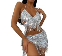 Womens Fringe Sequin Bikini 3 Piece Set Swimsuits Halter Bikini Top Cheek Bottom with Sarong Tassel Sequin Cover up White