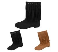 Womens Fringe Short Ankle Boots with Retro Tassel Suede Pull On Block Short Booties Low Heel Round Toe Flat Bottom Shoes Casual Wide Fit Comfort Lightweight Non-Slip Boots Size 5 Black