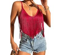 Womens Fringe Tank Top - Rave Festival Cowgirl Outfit Sexy Spaghetti Straps Cami Tops Solid Tassel Sleeveless Camisole V Neck Shirts Ladies Summer Vests Fancy Dress Costume(Red,M,10742r)