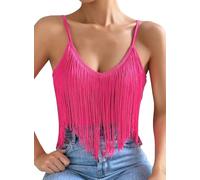 Womens Fringe Tank Top - Rave Festival Cowgirl Outfit Sexy Spaghetti Straps Cami Tops Solid Tassel Sleeveless Camisole V Neck Shirts Ladies Summer Vests Fancy Dress Costume(Pink,XL,10742r)