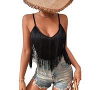 Womens Fringe Tank Top - Rave Festival Cowgirl Outfit Sexy Spaghetti Straps Cami Tops Solid Tassel Sleeveless Camisole V Neck Shirts Ladies Summer Vests Fancy Dress Costume(Black,S,10742r)