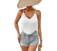 Womens Fringe Tank Top - Rave Festival Cowgirl Outfit Sexy Spaghetti Straps Cami Tops Solid Tassel Sleeveless Camisole V Neck Shirts Ladies Summer Vests Fancy Dress Costume(White,XS,10742r)