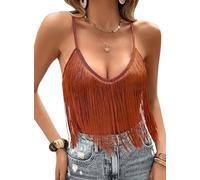 Womens Fringe Tank Top - Rave Festival Cowgirl Outfit Sexy Spaghetti Straps Cami Tops Solid Tassel Sleeveless Camisole V Neck Shirts Ladies Summer Vests Fancy Dress Costume(Brown,XL,10742r)