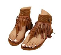 Women's Fringe Thong Flat Sandals Ankle Strap Rivet Boho Roman Summer Shoes