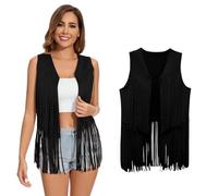 Womens Fringe Vest 60s 70s Hippie Costume Sleeveless Cowgirl Western Faux Suede Tassel Leather Outerwear Hippie Party Costume, Black, Large