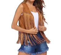 Womens Fringe Vest 60s 70s Hippie Vest Sleeveless Cowgirl Western Faux Suede Tassel Jacket Cardigan Outerwear (Khaki, XL)