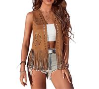 Women's Fringe Vest 60s 70s Hippie Vest Sleeveless Cowgirl Western Faux Suede Tassel Leather Jacket Hippie Party (Brown#2, M)