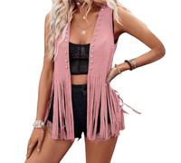 Women's Fringe Vest 60s 70s Hippie Vest Sleeveless Cowgirl Western Faux Suede Tassel Leather Jacket Hippie Party (Pink, L)