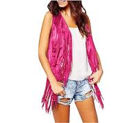 Womens Fringe Vest 70s Hippie Costume Open Front Sleeveless Cardigans Faux Suede Tassels Western Cowgirl Outfits Hot Pink