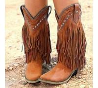 Women's Fringe Western Boots Wide Calf Riding Cowgirl Cowboy Boots Wide Width Vintage Fringe Tassel Square Toe Mid Heels Western Cowgirls Knee High Booties