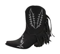 Women's Fringe Western Cowboy Boots Fashion Plain Slip On Boots Outdoor Chunky Heel Booties Shoes Medieval Shoes Women, black, 7 UK