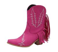 Women's Fringe Western Cowboy Boots Fashion Plain Slip On Boots Outdoor Chunky Heel Booties Shoes Medieval Shoes Women, pink, 5 UK