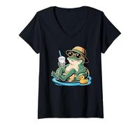 Womens Frog Boba Pearl Milk Tea Frogs V-Neck T-Shirt