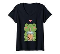 Womens Frog Boba Tea Bubble Tea V-Neck T-Shirt