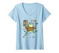 Women's Frog Book Lover with Glasses and Stack of Books V-Neck T-Shirt