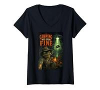 Women's Frog Camping UFO Abduction Retro Sci-Fi Humor V-Neck T-Shirt