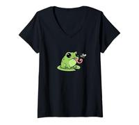 Women's Frog Catching a Fly, Frog Lover's Simple Graphic V-Neck T-Shirt