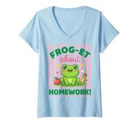 Women's Frog-ET About Homework Funny Kawaii Frog Student V-Neck T-Shirt