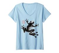 Women's Frog Japanese Ink Wash Traditional Asian Art V-Neck T-Shirt