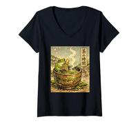 Women's Frog Japanese Matcha Tea Time Green Tea Ukiyo-e cottagecore V-Neck T-Shirt