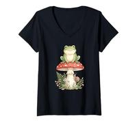 Women's Frog On Mushroom Cottagecore Toad Vintage Nature Forest V-Neck T-Shirt