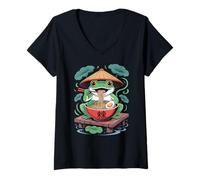 Womens Frog Ramen Spicy Flavor Fun Hat Chopsticks V-Neck T-Shirt