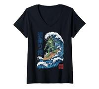 Women's Frog Samurai Surfing Japanese Wave V-Neck T-Shirt