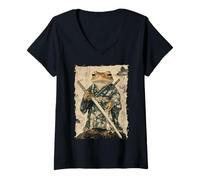 Womens Frog Samurai Warrior Katana Ukiyoe Ronin V-Neck T-Shirt