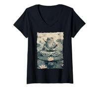 Womens Frog Samurai Warrior Katana Ukiyoe Ronin V-Neck T-Shirt