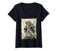 Womens Frog Samurai Warrior Katana Ukiyoe Ronin V-Neck T-Shirt