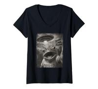Womens Frog Selfie with Alien UFO Funny Puerto Rico Rican Flag V-Neck T-Shirt