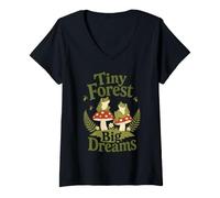 Women's Frog Tiny Forest Big Dreams Mushroom Cottagecore Nature V-Neck T-Shirt