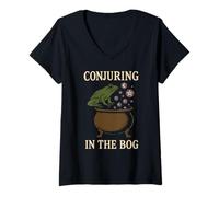 Womens Frog Witch Toad Familiar Cottagecore Witch Occult Animal V-Neck T-Shirt