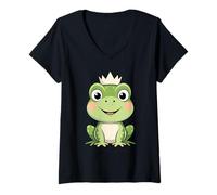 Women's Frog with Crown Animal Character Illustration V-Neck T-Shirt