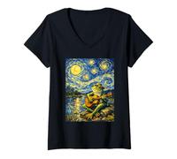 Women's Frog with Guitar Van Gogh Enjoying Peace Calm Starry Night V-Neck T-Shirt