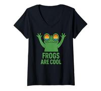 Womens Frogs Are Cool Retro Aesthetic Funny Frog Rainbow Glasses V-Neck T-Shirt