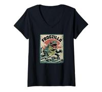 Women's Frogzilla Giant Frog Kaiju Retro Anime Japanese Hokusai Wave V-Neck T-Shirt