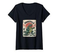 Women's Frogzilla Giant Frog Kaiju Retro Anime Japanese Hokusai Wave V-Neck T-Shirt