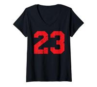 Women's Front and Back Red Distressed Varsity Number #23 V-Neck T-Shirt
